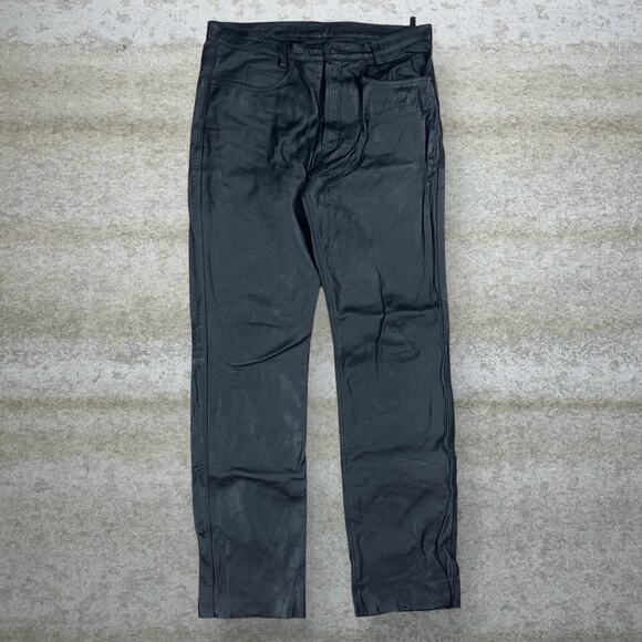 Vintage Genuine Leather Pants Jet Black Regular Straight Leg Fit Flat Front 90s